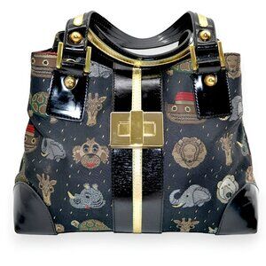 Braccialini Luxury Black Patent Leather Canvas Noah's Ark Animal Tote Purse Bag
